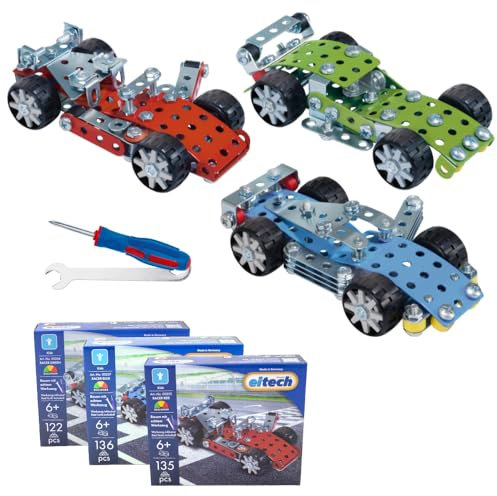 Eitech Metallbaukasten - Racer, Spielzeugauto Bauset, 135 Bauteile für Kinder ab 6 Jahren (3er-Set)