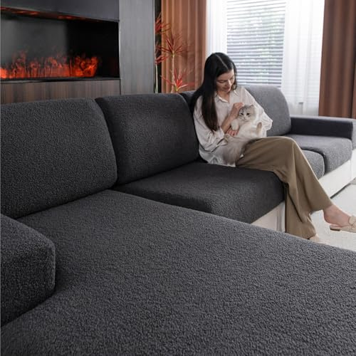 OHSIO Sofa Überzug – Hoch Elastischer, Rutschfester Sitzkissenbezug | Waschbarer, Haustierfreundlicher Sofabezug für Couch, Strapazierfähig(Dunkelgrau, 1x Sitzbezug XL)