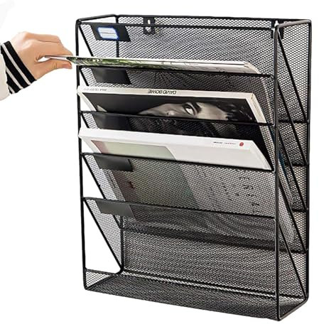 Wandordnerhalter – Metall-Aktenregal, 5 Taschen, multifunktionales Design, Netz-Wandmontage, Aktenregal für Arbeitsblätter, A4-Papiere, Ordnerorganisation in Büros
