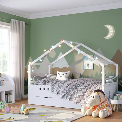 Bellabino Bela Kinderbett 90x200 cm – Hausbett mit Rausfallschutz & Lattenrost – Kinder Bett mit großer Schublade für Jungen und Mädchen aus Holz – Montessori Kinderhausbett in Weiß mit Stauraum