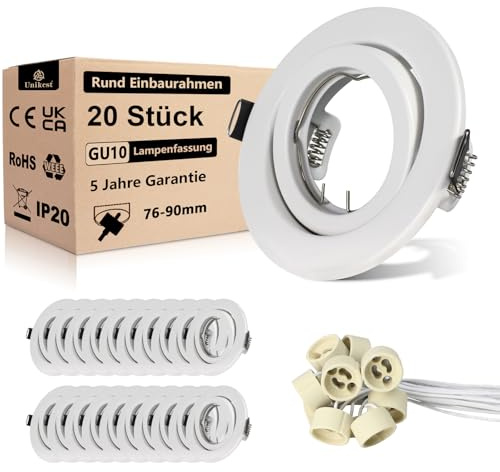 Unikcst 20er Einbaustrahler GU10 Set Metall Matt-weiß Einbaurahmen | mit GU10 Fassung, Schwenkbar, Einbauspots Rahmen 98mm, Rund Einbauleuchten, für Küche Wohnzimmer Messehallen
