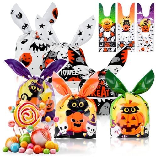 100 Stück Halloween Süßigkeit Tüten, 6 Muster, Hasenohren-Style | Halloween Bonbontüten Tüten mit Hasenohren Süßes oder Saures Geschenktüten für Schaurige Atmosphäre Party Deko Zubehör
