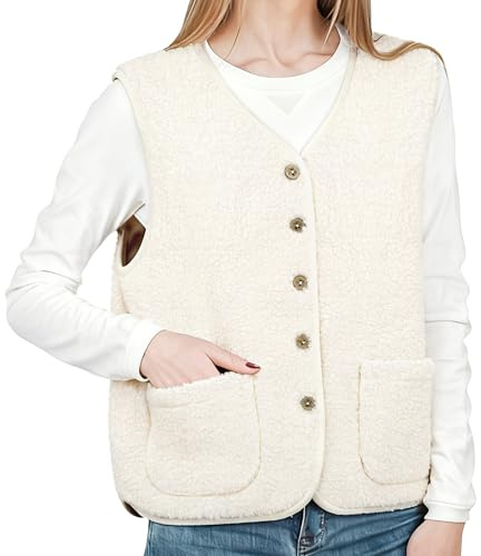 YMIFEEY Teddy Fleece Weste Damen Ärmellos Teddywesten Fleeceweste Fellweste Teddyfleece Weste Elegant Kuschelweste Übergangsjacke Herbstjacke Fleecejacke Herbst Winter Outdoor Oberteil (L, Beige)