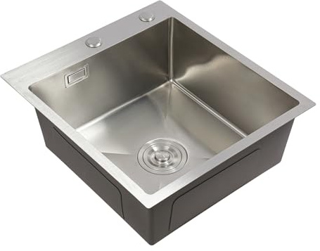 Fregadero de acero inoxidable, 50 x 45 x 20 cm, 1 lavabo, antidesbordamiento, moderno fregadero con dos agujeros, tubo de desagüe curvado libremente, negro/plata