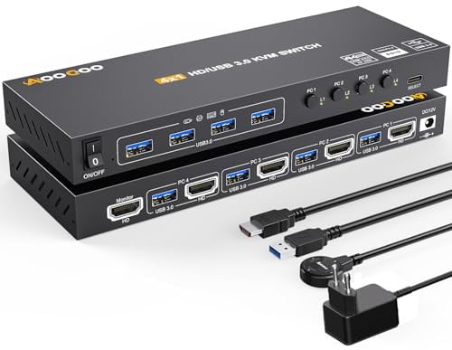 KVM Switch HDMI 4K@60Hz, HDMI KVM Switches mit EDID Funktion für 4 Computer 1 Monitore und 4 USB3.0-Geräten, Fernbedienung, Netzteil und USB-Kabel im Lieferumfang enthalten