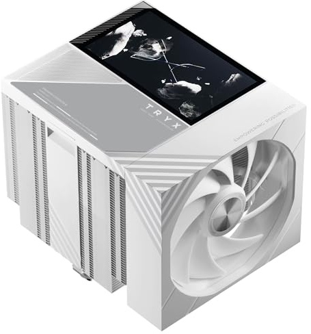 TRYX TURRIS 620 Dual Tower CPU Air Cooler with 5.0-Inch 720p IPS LCD Display, 280W TDP, Six Heat Pipes, Rail-Mounted ROTA Fans, AM5 & LGA1700 Compatible - White
