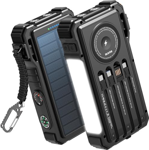 BLAVOR Chargeur Solaire avec Câbles Intégrés 20000mAh Batterie Externe Solaire 20W USB C Battery Pack avec Lampe Camping, Lampe Poche pour Téléphones Portables, Charge sans Fil pour Apple Watch