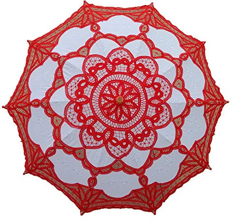 AEAOA Handgefertigter Sonnenschirm aus roter und weißer Spitze, für Hochzeit, Braut, 76,2 cm, Erwachsenengröße