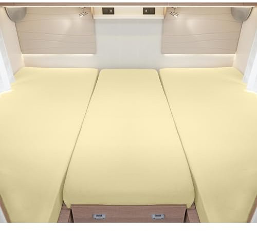G BETTWARENSHOP – Spannbettlaken für Wohnmobile & Wohnwagen – Spannbetttuch Set 3-teilig für 2 Längsbetten + Mittelteil – Jersey Bettlaken für Heckbetten 2 Längsbetten + Mittelteil vanille