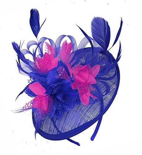 Caprilite Royal Blue and Fuchsia Hot Pink Sinamay Disc Saucer Fascinator Hat for Women Weddings Headband