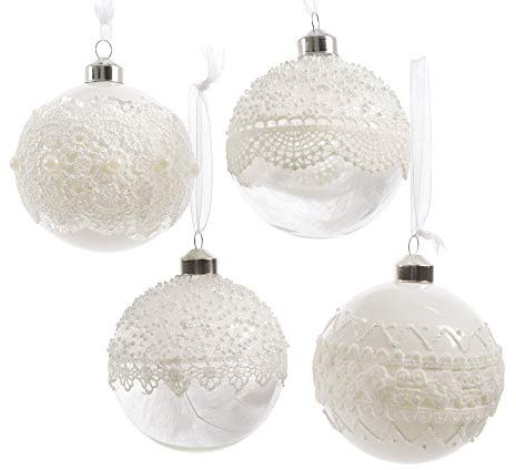 Christbaumkugeln Glas Transparent Spitzendeckchen Stoff Weiß 4 Stück Weihnachten 8cm