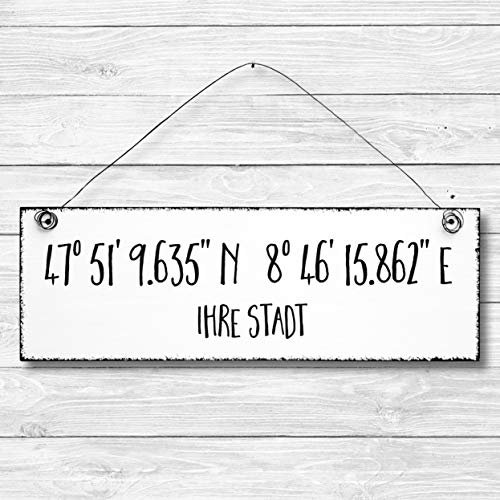 Koordinaten Personalisiert - Türschild Dekoschild Wandschild Holz Deko Schild 10x30cm Holzdeko Holzbild Deko Schild Geschenk Mitbringsel Geburtstag Hochzeit Weihnachten
