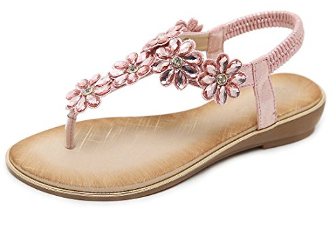 iCKER Women's Flat Sandals Ladies Thong Flat Sandals Bohemian Beaded Strap Sandals Diamante Rhinestone Leather Sandals, 7UK(label size 41), Pink