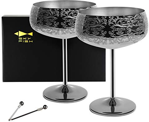 Sky Fish Martini-Cocktail-Gläser, 400 ml, schwarz beschichtet, Edelstahl, 2 Stück mit 2 Cocktail-Plektren