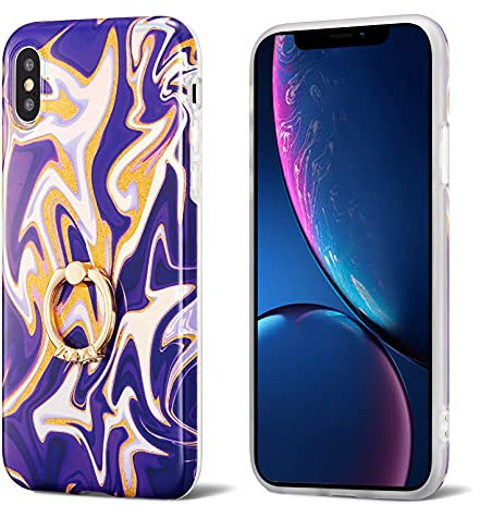 ZCDAYE Case for iPhone X iPhone XS Phone Case, Colorful Glitter Marble Pattern Soft TPU Thin Protective Case Cover with Ring Shockproof Case for iPhone X/iPhone XS-Purple