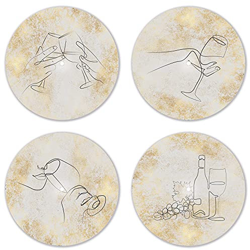 Interluxe LED Untersetzer RUND 4er Set - Lineart Wine Gold - Vier leuchtende Design Untersetzer als Tischdeko, Geschenkidee, Party, Weinliebhaber