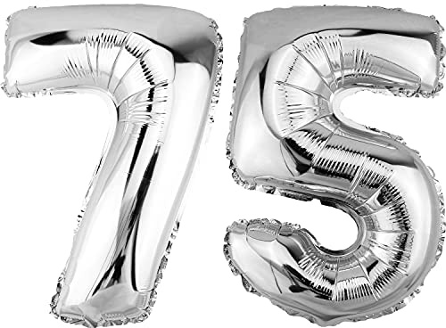 DekoRex Folienballon Silber 82cm Geburtstag Jubiläum Hochzeit Deko (Zahl 75)