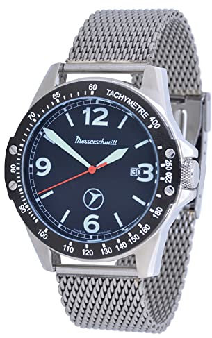 Messerschmitt Quarz Herren Fliegeruhr Model ME-98189V 44mm 5ATM Ronda 515 Uhrwerk (Milanese Armband)