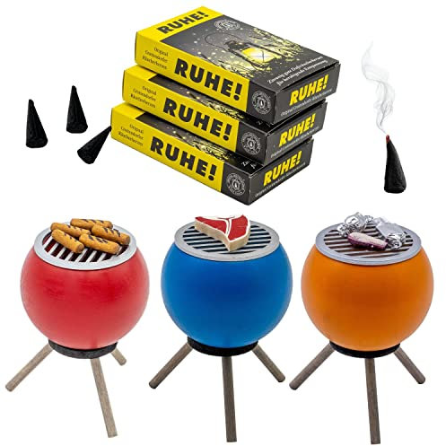 Seiffener Volkskunst | 3X Räucherofen Grillofen 10 cm | Grill + Räucherkerzen Ruhe | Original Erzgebirge Räuchergrill | 26301/B1 | rot blau orange