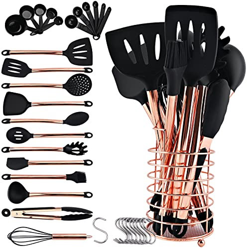 BRIIEC Non-stick Silicone Cooking Utensil Set with Holder, 16pcs Kitchen Utensils Set Heat Resistant Cookware Copper Stainless Steel Handle Cooking Tools Turner Tongs Spatula Spoon - Black&Rose Gold