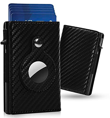 Shine Wine Airtag Smart Wallet | 100% Genuine Leather | RFID Blocking Technology | Slim Minimalist Air Tag | Best Gift for Men | Credit Card Money Holder (Carbon Leather, Black)