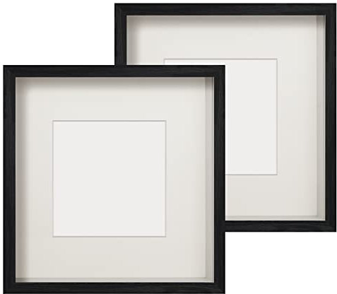 Anhow 2er 3D Bilderrahmen 23x23 cm, Echtglas 3D Bilderrahmen zum Befüllen 3cm Tiefer Objektrahmen mit Beige Passepartout Passend für 13x13 cm Fotos - Schwarz