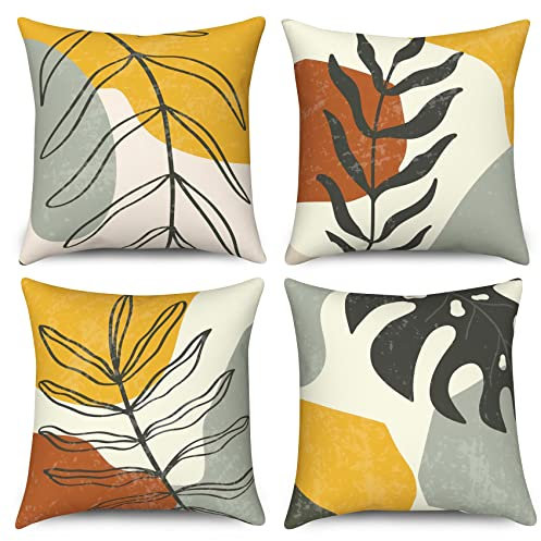 Hnmdmyi Kissenbezug Boho 50x50 4er Set, Abstrakte Blätter Natur Pflanzen Dekorative Kissenbezüge Mid Century Modern Minimalistisch Ästhetische Kunst Leinen Kissenhülle für Sofa Couch Bett Home Decor