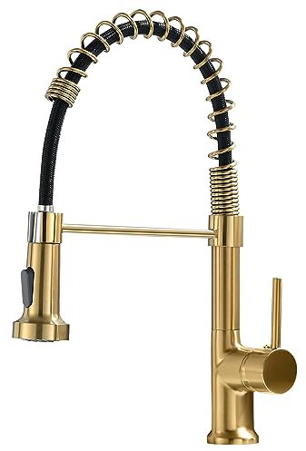 AIMADI Wasserhahn Küche Küchenarmatur Spültischarmatur Armatur Küche Mischbatterie Küche mit Brause 360° Schwenkbar Spiralfeder Armatur Küchenspüle Wasserhahn Küche Golden
