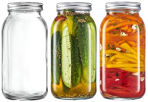GLING [3 Count 64 oz. Wide-Mouth Glass Mason Jars with Metal Airtight Lids and Bands 2 Quart Large For Preserving, & Meal Prep