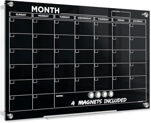 Magnetischer Glas-Whiteboard-Kalender, Planer, Whiteboard, Whiteboard, undatiert, trocken abwischbar, Kalender für Wand, monatliches Glas, Whiteboard, Zuhause, Büro, großer Wand-Monatsplaner, Schwarz
