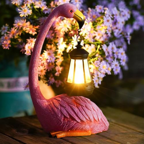 Yeomoo Rosa Flamingo Figuren mit Solarlampen Deko für Wohnzimmer Garten: Flamingo Gartenfiguren Geschenke für Frauen Mama Geburtstag Gartendeko für Draußen Lustige Solar Lichterkette Deko für Balkon