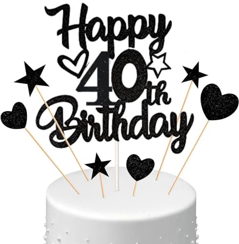 Conruich Tortendeko 40. Geburtstag Mann, Kuchendeko Happy 40th Birthday Schwarz, Glitzer Kuchen Topper 40. Geburtstag Ballons Konfetti Papierfächer für Geburtstagstorte Deko 40 Jahre Frauen Männer