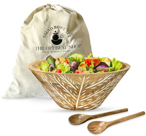 THE OFFBEAT SHOP Cuenco de madera multiusos hecho a mano con cucharas para servir ensaladas, frutas, palomitas de maíz. Perfecto para cualquier ocasión, fiestas, inauguración de la casa, regalo.