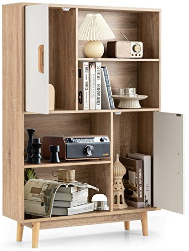 KOMFOTTEU Bücherschrank Holz, Mehrzweckschrank mit 2 Türen & 4 offene Regale, Beistellschrank mit Kippschutz, Bücherregal 80 x 24 x 119,5 cm, Schrank für Arbeitszimmer, Büro (Weiß+Natur)