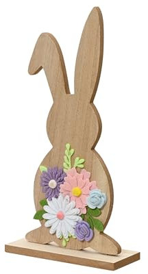 Deko Aufsteller Osterhase Holz 28cm mit Stoffblumen - groß & bruchfest - Dekohase für Ostern Frühling - Osterdeko Osterschmuck Frühingsdeko Tischdeko Dekofiguren - Natur Braun