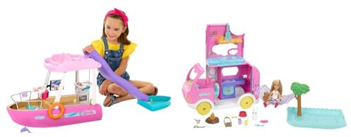 Barbie Dream Boat & Chelsea 2-in-1-Camper - Spielzeugfahrzeug mit Pool, Hängematte und Essbereich, für fantasievolles Spielen und Geschichtenerzählen, ab 3 Jahren, HNH90