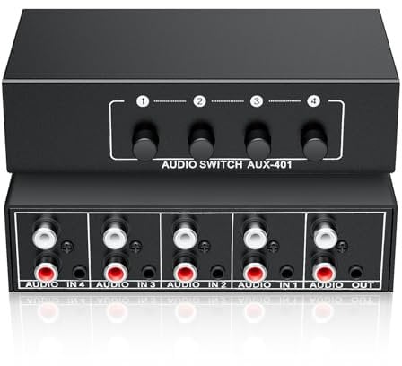 Caja de interruptores de audio auxiliar de 3,5 mm + RCA L/R, salida bidireccional, selector de audio estéreo BolAAzuL 4 x 1, selector de audio analógico pasivo a/b, sin necesidad de alimentación
