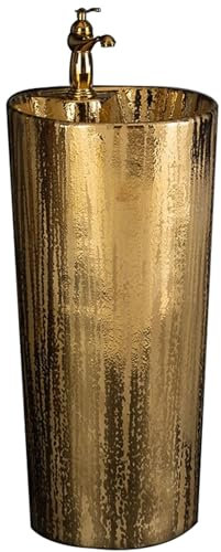 ZTGL Lavabo Colonne Dorée Vasque sur Pied Salle de Bain Vasque Cylindre Céramique Solid Surface 42x31x80cm, avec Robinet et Ensemble de Drainage