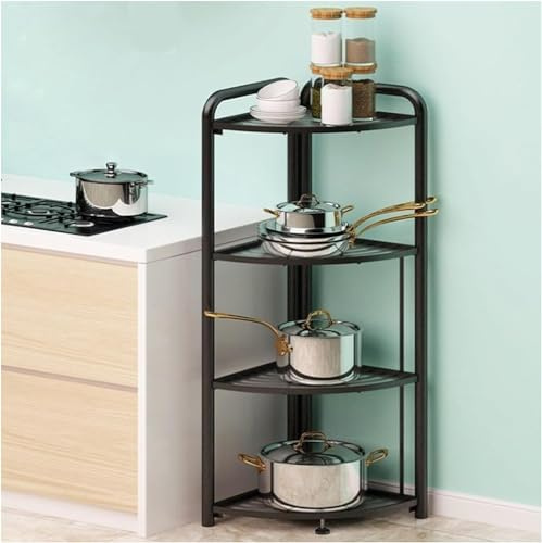 FEFE Corner Storage Shelf Aluminum Plant Pot Stand Storage Shelving, Bookshelf Shelving Display Unit For Bedroom Living Room Home - Black (4-Tier)