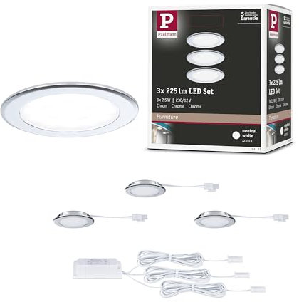 Paulmann 93123 LED Möbeleinbauleuchten 3er-Set 65mm 3x2,5W 3x180lm 230/12V 4000K Chrom