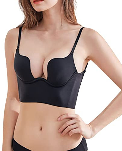 Damen-BH mit niedrigem Rücken, Spitze, glänzend, U-Form, rückenfreier BH mit Kleidern mit niedrigem Rücken Fitness Set Damen (Black, 75C)