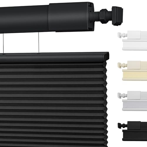 Moonice No Drill Top Down Bottom Up Cellular Pleated Shades Cordless Shades for Windows Blackout Honeycomb Blinds for Home Bedroom Office (Blackout - Black, 147cm W x 122cm H)