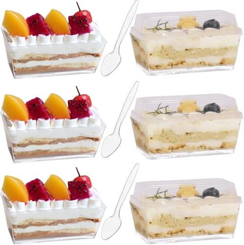 LDXDRU 100 mini vasos de postre de plástico, 140 ml, rectangulares, transparentes, con 100 cucharas, cuencos de postre con tapa, cuenco reutilizable para mousse helado