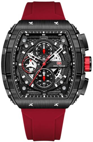 rorios Analog Quarz Armbanduhren Tonneau Herrenuhren Mode Multifunktional Uhr Punk Chronograph Uhren für Männer mit Silikon Armband für Herren Rot