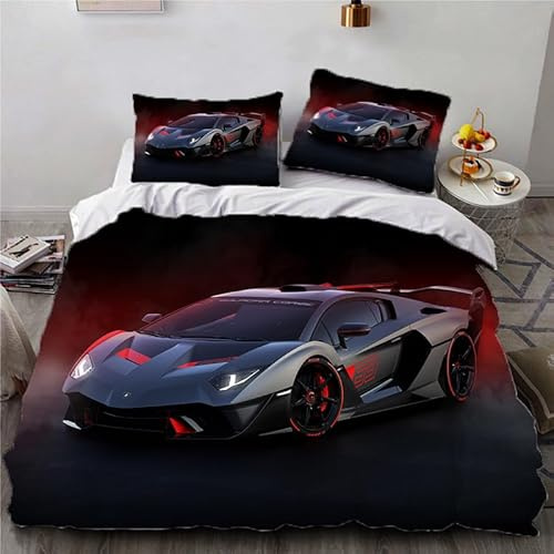 Generisch Bettwäsche 155x220 cm Luxus Auto Sportwagen Motiv Bettbezug 155x220 Set 3-Teilig Microfaser 3D Mode Konzeptautos Druck Bettbezügen + 2 Kissen 80x80 cm Mit Reißverschluss Eckbänder