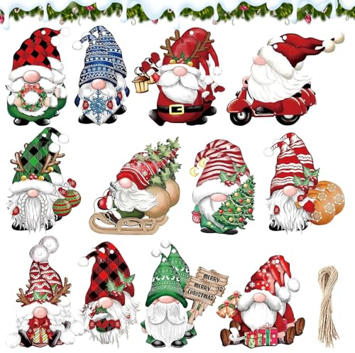 24 Stück Holz Weihnachten Anhänger, Mini Weihnachtszwerge Ornamente, Weihnachten Zwerg Hängende Holzornamente, Weihnachtsdeko Anhänger für Weihnachtlicher Baumschmuck Christbaum Dekoration Geschenk