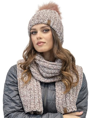 VIVISENCE Trendiges Damen Winterset Aus Weicher Mütze Mit Bommel Und Langer Schal Aus Zweifarbigem Garn Mit Antistatischem Futter Für Optimalen Schutz Vor Kälte Ideal Für, Rosa,Einheitsgröße