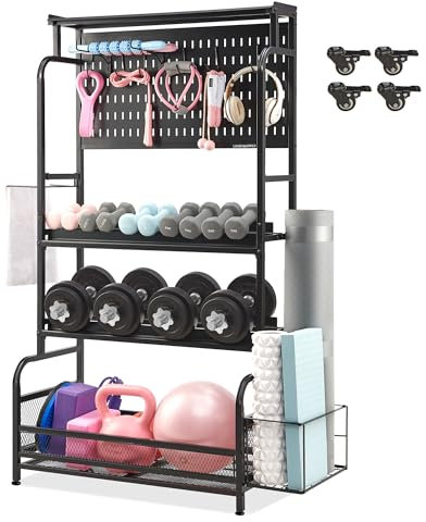 56'' Taller Home Gym Storage Organizer, Yoga Mat Storage Rack with Hanging Board, Exercise Workout Equipment Storage Stand for Home Gym, Dumbbell Holder Kettlebell Rack with Wheels and Hooks (Black)