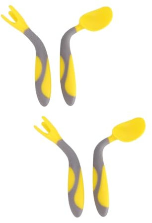 VICASKY 2 Sätze Trainingslöffel Geschirr lernen Kindergeschirr Babylöffel training utensils spoon and fork set Lerngabel für Kleinkinder Lerngeschirr für Kinder Yellow