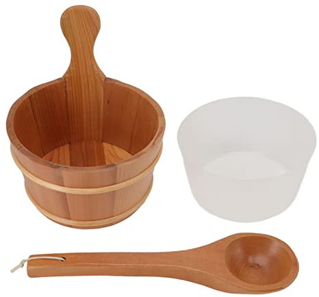 Grcfumo Secchio per Sauna da 4 Litri con Mestolo, Secchio per Sauna con Rivestimento in Plastica, Accessorio per Spa in Legno a Vapore a Prova di Perdite per Piscina Spa